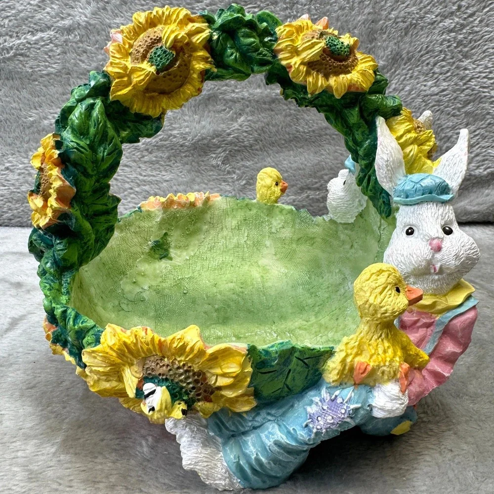 Easter Bunny Sunflower Resin Basket and Votive Candle Holder‎ Spring Lot 2 Vtg.